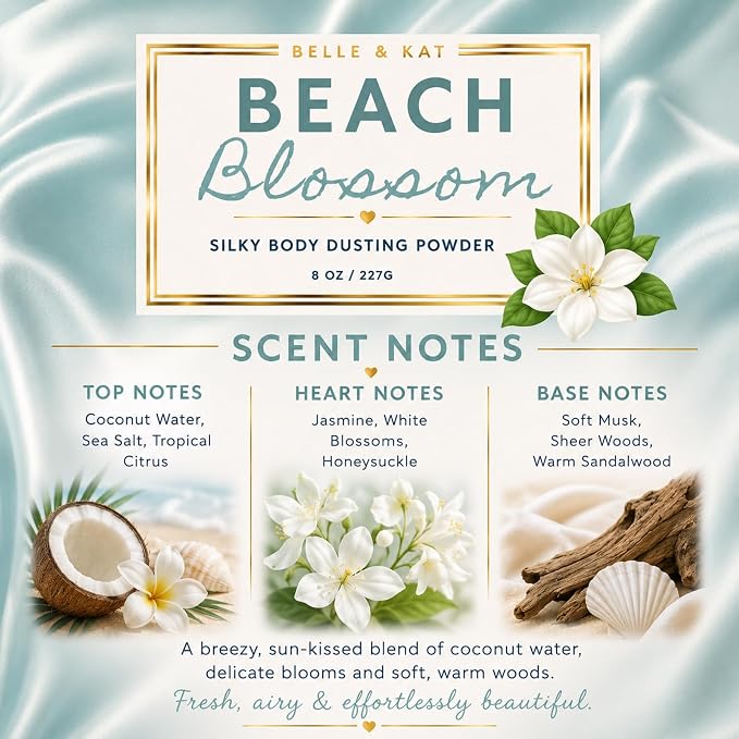 Body Powder for Women & Men Scented Beach Blossoms & Coconut Water, Perfume Dusting Powder, Bath Powder with Fragrance & Essential Oils, Talc-Free 8oz Container with Lid and Puff, Made in USA