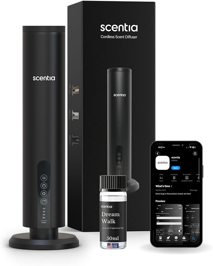 Scentia Wireless Waterless Hotel Scent Diffuser | Includes Premium USA-Made Oil Blend | App Controlled, Cordless | Home, Office, Spa, Aromatherapy | Covers 1500 Sq Ft | 72 Hrs in 1 Charging | Black