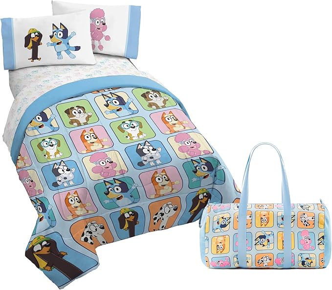 Jay Franco Bluey Twin Size Comforter Set - 4 Piece Bedding Includes Sheet Set, Pillow Covers & Bonus Duffle Bag - Super Soft Kids Bedding with Bingo, Muffin, Coco & Snickers