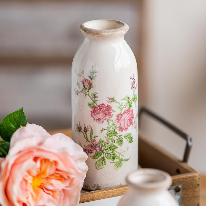Vintage Rose-Floral Small Ceramic Vase Set, Retro Rustic Farmhouse Cute Flora Vase Gift, Art Décor for Your Home, Kitchen, Bedroom, Office, Living Room, Bathroom & Shelf Centerpiece Table Decorations