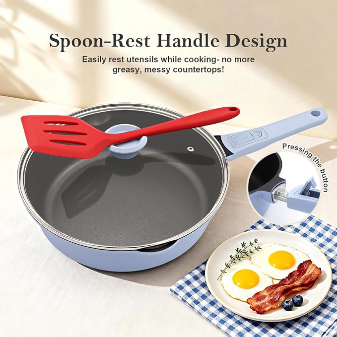 Non Stick Frying Pan Skillet with Lid, 12 Inch Nonstick Deep Frying Pan, 5 QT Saute Pan with Detachable Handle, Compatible with All Stoves, Induction Ready, Oven Safe, PTFE & PFAS-Free, Blue