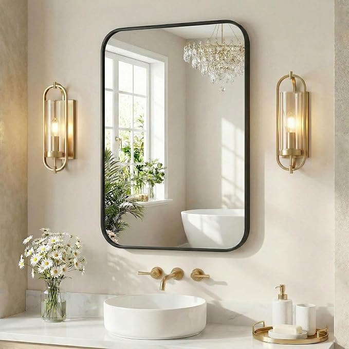 Sweetcrispy Bathroom Mirror for Over Sink, 30x48 Inch Wall Mount Mirror with a Rounded Rectangle and Matte Metal Frame, Modern Wall Vanity Mirrors for Home Decor, Living Room, Bedroom, Black