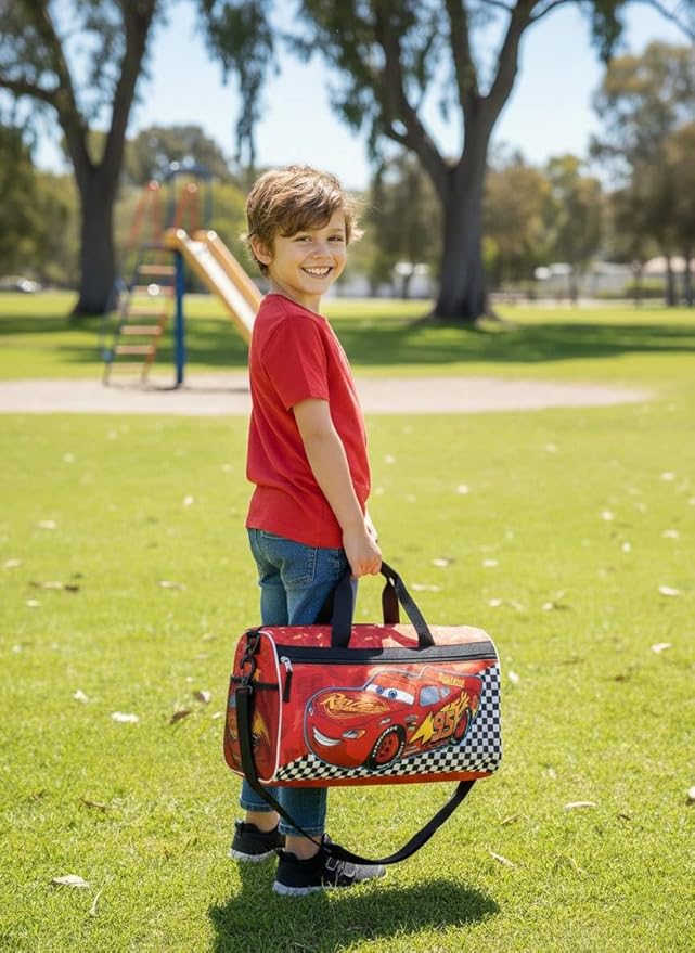 Disney Pixar Cars Kids’ Duffle Bag – Lightning McQueen Travel Gym Bag with Adjustable Strap, Mesh Side Pockets & Zipper Pocket