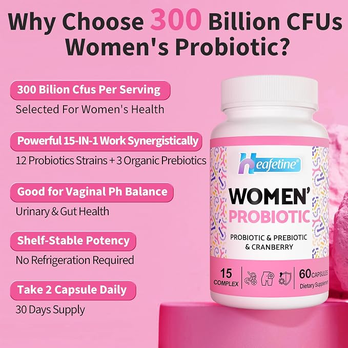 Vaginal Probiotics for Women, 300 Billion CFUs Probiotics for Women, 15-in-1 Womens Probiotic & Prebiotics, for Vaginal, Urinary Tract, PH Balance, Immune, Digestive & Gut, Bloating Health, 60 Caps