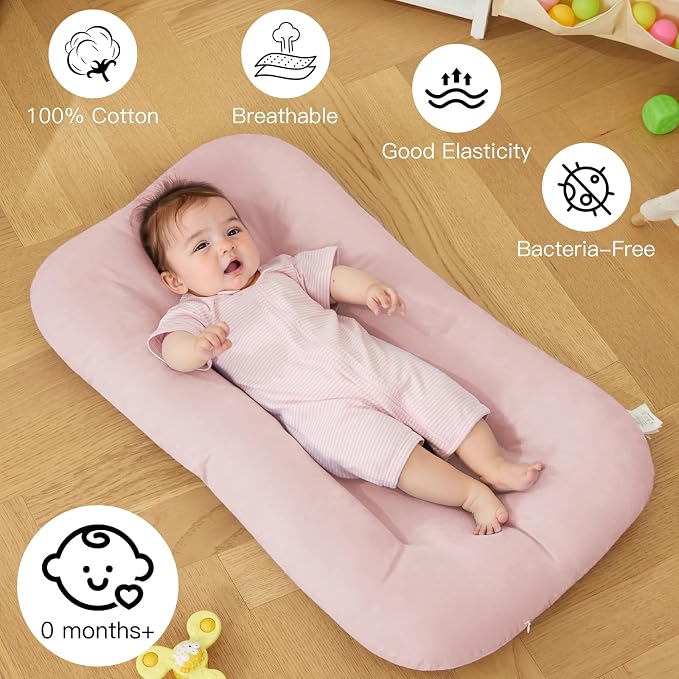 Baby Lounger for Newborn, Bionic Design Baby Lounger, Soft Organic Cotton Breathable Lounger for Infants 0-24 Months (Pink)