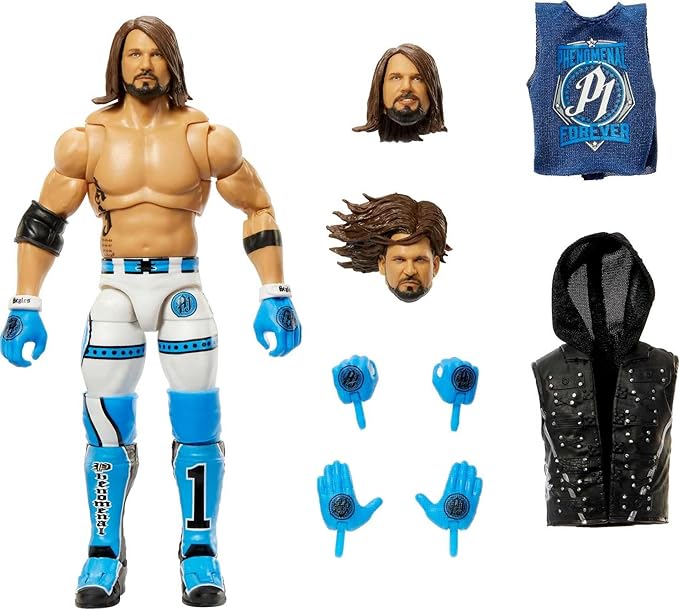 Mattel WWE Ultimate Edition Action Figure & Accessories Set, AJ Styles 6-inch Collectible with 30 Articulation Points, Swappable Pieces & Entrance Gear