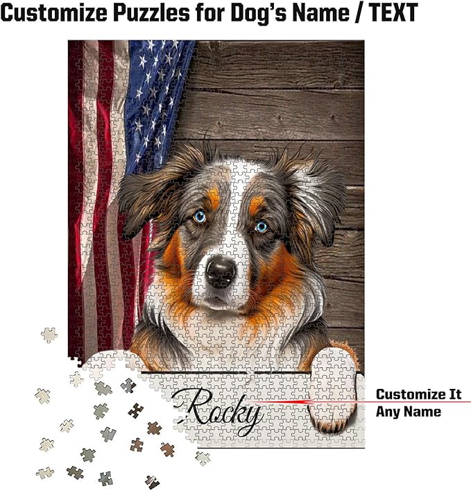 Custom Wooden Jigsaw Puzzles with Your Dog's Name on Australian Shepherd Art Print - 300 500 1000PCS Puzzles Game and Home Wall Decor