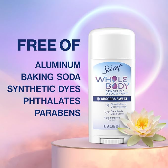 Secret Whole Body Deodorant Dry Feel Stick + Absorbs Sweat for Women, Naturally Derived Ingredients, Completely Clean Scent, Aluminum Free Deodorant Stick, 72 HR Odor Protection, 2.4 oz