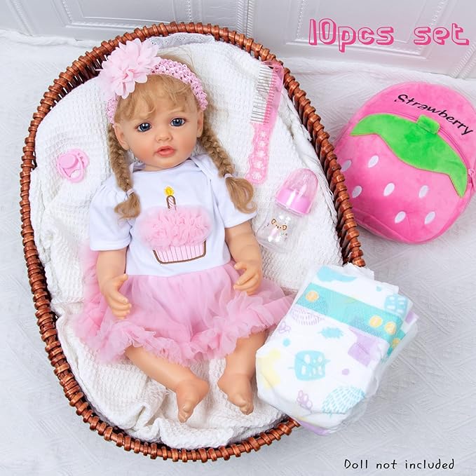 10 Pcs Reborn Baby Doll Clothes Pink Outfit Accessories Set for 20-22 Inch Reborn Doll Girl Newborn Baby with Backpack