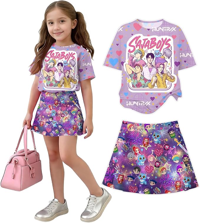 HTHLVMD K Pop Short Sleeve T-Shirt and Skirts Outfits Set for Girls Hunters Rumi Mira Zoey Graphic Tees De-Mon Costume