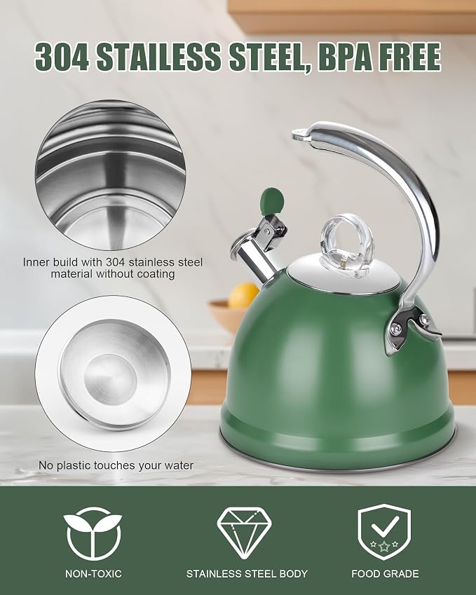Harriet Tea Kettle Stovetop, 2.5 Quart Whistling Stainless Steel Tea Pot, 3-Layer Base, Unique Ergonomic Handle, Includes Pot Holder & Mat, Electric/Induction/Gas Stovetops Applicable, Green