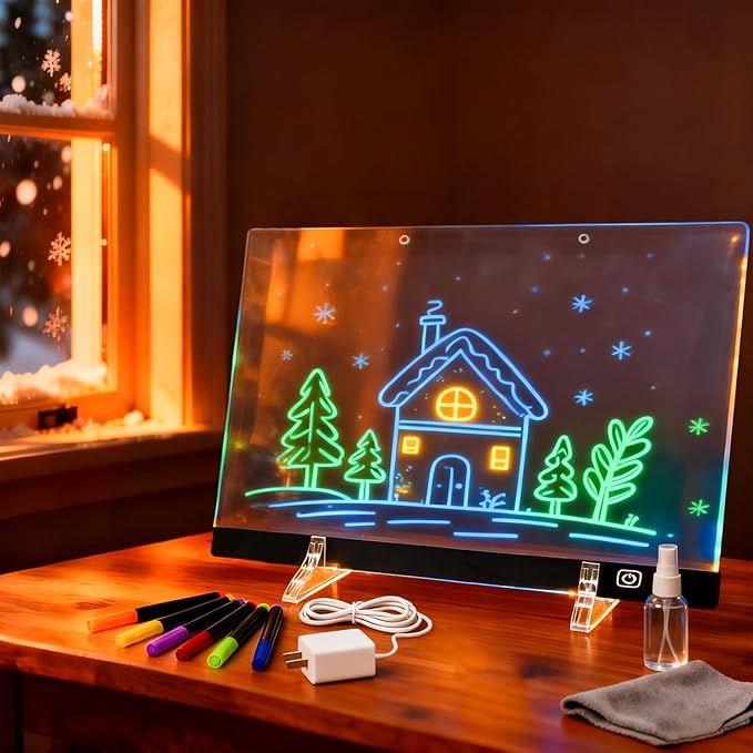 2026 Battery Powered LED Drawing Board for Kids Ages 6+, 13.7"x10" Light Up Dry Erase Note Board with Colors, 7 Color Modes, Portable Acrylic Glow Board with Stand, Markers, Spray Bottle