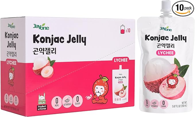 Jayone Drinkable Konjac Jelly Pouch - Lychee Flavor, 10 Pack, 5.07 fl oz Each - Zero Sugar, 0 Calories, 17% Vitamin C, Halal, Made in Korea