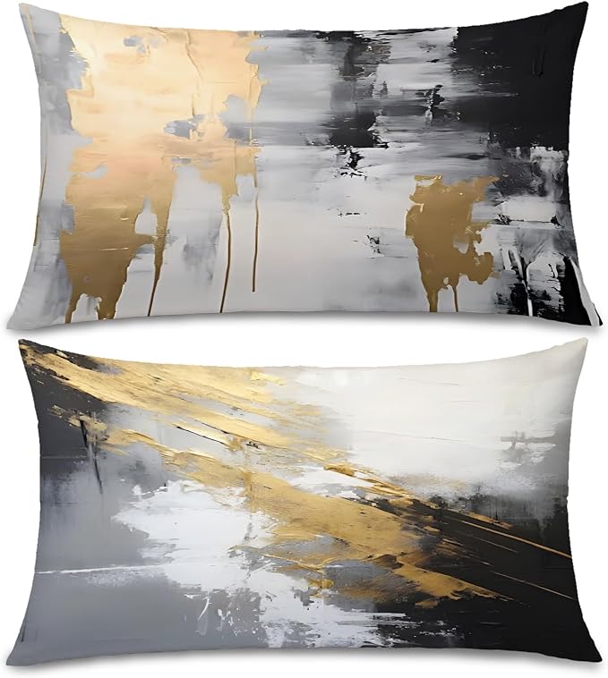 Abstract White and Gold Pillow Covers, 16x24 Set of 2, Modern Black and White for Couch, Bed, Living Room