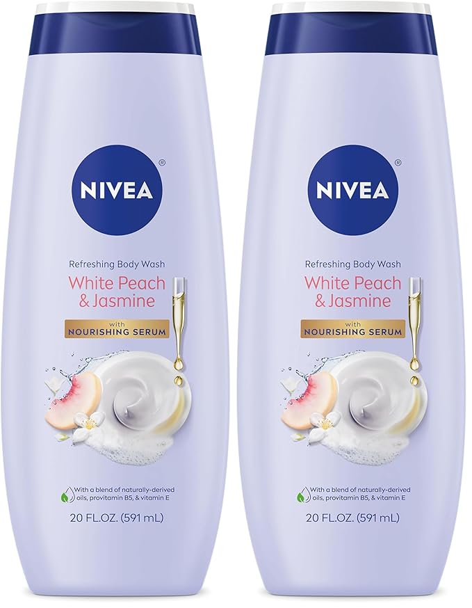 NIVEA Refreshing White Peach and Jasmine Body Wash with Nourishing Serum, Scented Body Wash for Women, Enriched with Provitamin B5 and Vitamin E, 20 Fl Oz Bottle, (Pack of 2)