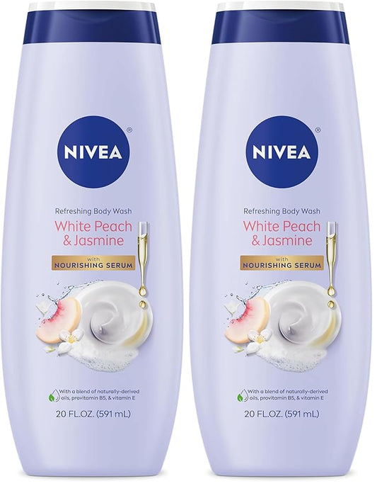 NIVEA Refreshing White Peach and Jasmine Body Wash with Nourishing Serum, Scented Body Wash for Women, Enriched with Provitamin B5 and Vitamin E, 20 Fl Oz Bottle, (Pack of 2)