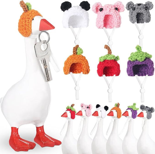 Geyoga 6 Pcs Mini Knitted Hats 7 Inch Goose Outfits Hat with Adjustable Strap Mini Porch Goose Headwear for Statue Key Holder