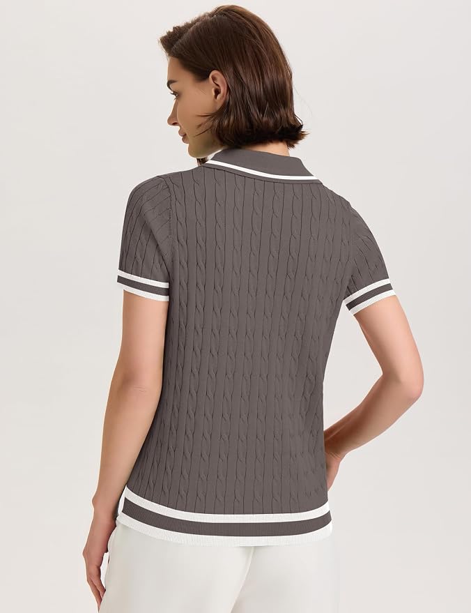 Micoson Womens Short Sleeve Sweater Tops Lapel V Neck Polo Shirts 2026 | Summer Cable Knit Loose Blouses, Business Casual Outfits