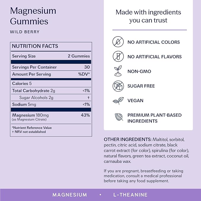 TRIP Magnesium Citrate Gummies Infused with L Theanine, Vegan, Sugar Free Magnesium Supplement for Adults, 180mg per Serving, On The Go Gummy, Wild Berry Flavor, 1 Bag - 60 Count