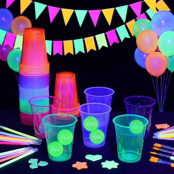 32 Pcs Glow in The Dark Party Table Tennis Game Set Include 24 Pcs Glowing Plastic Cups and 8 Balls for Indoor Outdoor Party Event Birthdays Weddings BBQ Parties