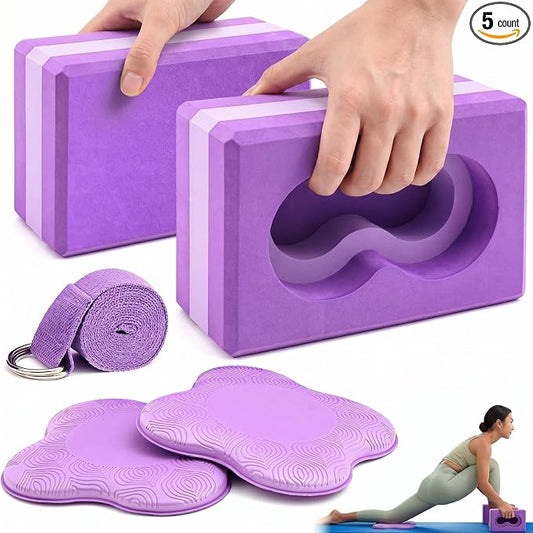 Yoga Blocks 2 Pack for Wrist Relief Yoga Blocks Wrist Support Set with Knee Pads and Strap Improve Comfort and Grip, Nonslip EVA Foam Pilates Exercise Balance Stretching Accessories Meditation