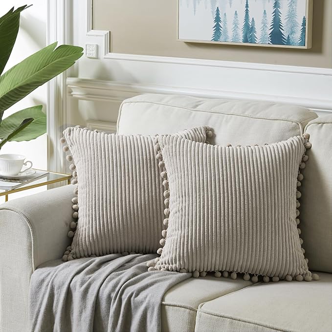Fancy Homi Set of 2 Neutral Taupe Decorative Throw Pillow Covers 12x12 Inch with Pom-poms for Couch Bed Sofa, Modern Farmhouse Boho Home Decor, Soft Plush Corduroy Cute Cushion Case 30x30 cm