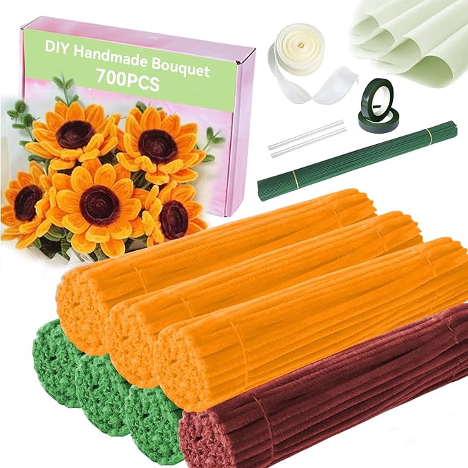 Pipe Cleaners,DIY Flower Bouquet Kit700pcs (Orange,Green,Brown) Sunflower Chenille Stems Kit, Flower Making Craft Materials(32Flowers),Art and Craft Supplies