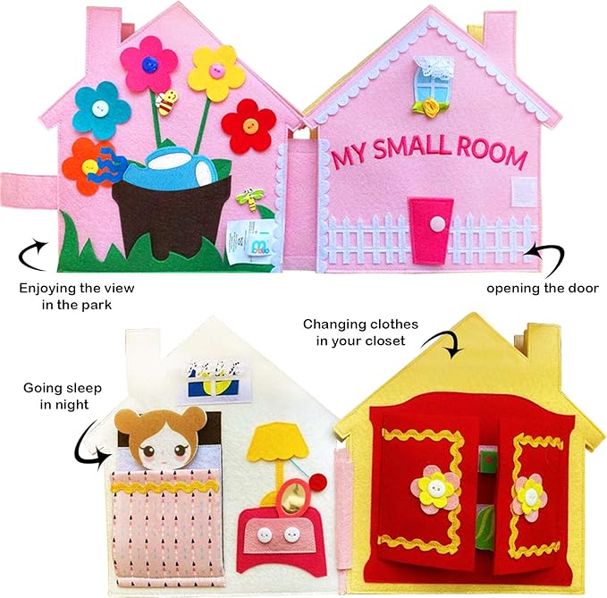 Quiet Book for Toddlers - Felt Busy Book with 8 Interactive Scenes Montessori Travel Activity for Kids Ages 3+ (My Small Room)