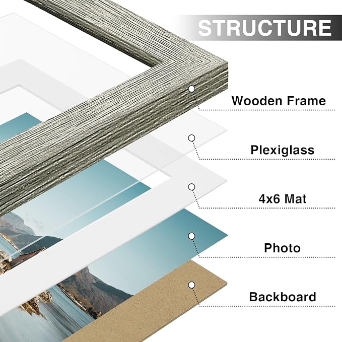 Vittanly 5x7 Picture Frames Set of 9 for Wall or Tabletop Display, Grey | Display Pictures 4x6 with Mat or 5x7 without Mat, Small Photo Frames, Engineered Wood with Shatter Resistant Plexiglass