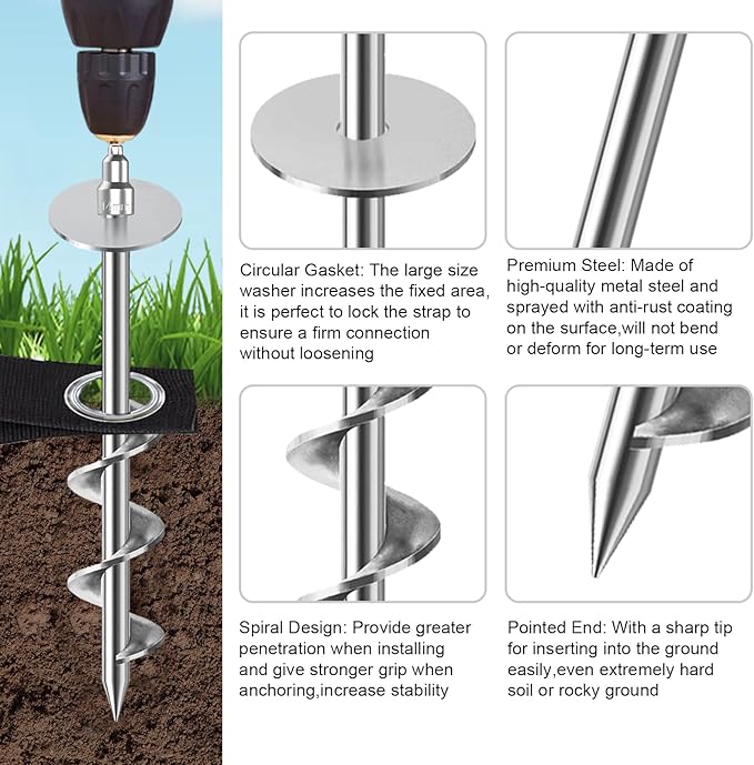 Eurmax USA 4 Pack Universal Ground Anchors High Wind, Heavy Duty Screw-in Trampoline Stakes with 4 Straps, Upgraded Commercial Anchor Kit for Outdoor Sheds, Swing Sets & Mobile Homes (Silver)