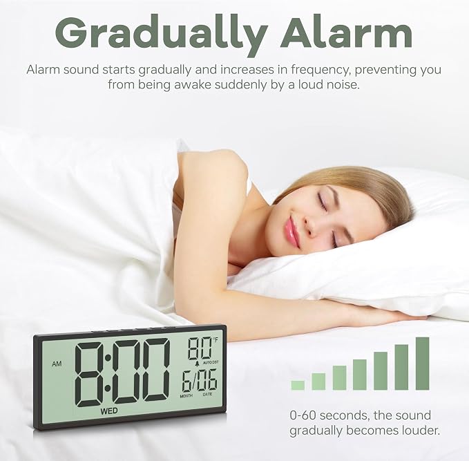 JALL Large Digital Wall Clock Battery Operated, Wall Clock with Big Numbers LCD Display, Digital Clock with Date Day Temperature, Alarm, Auto DST, Clocks for Office, Gym, Bedroom, Elderly- Black
