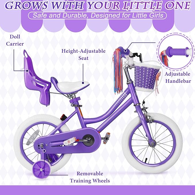 KORIMEFA Girls Bike for Ages 2-8 Years Toddler Kids with Doll Seat, 12 14 16 Inch Bicycle with Training Wheels, Little Small Princess Bicycle with Basket& Streamers, Girls Pedal Bike