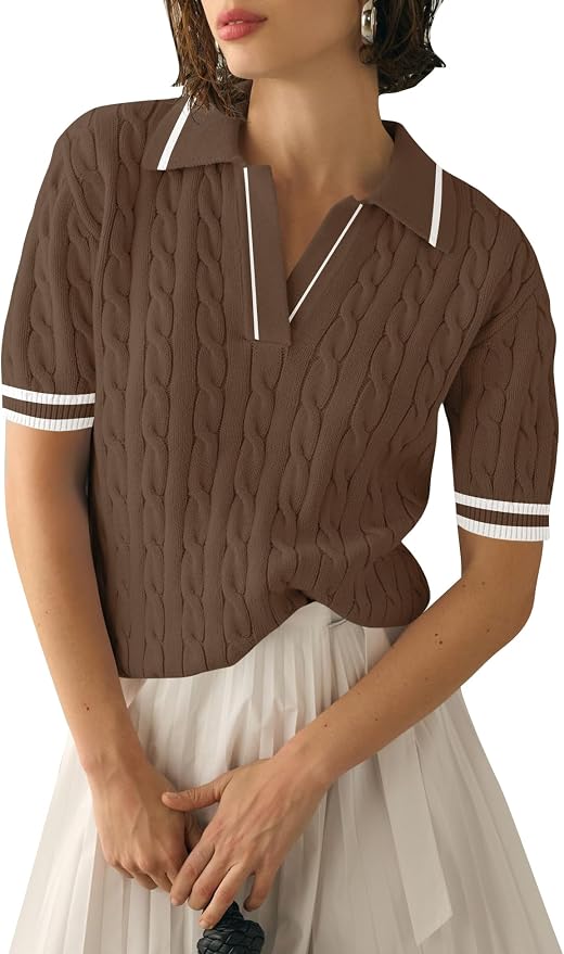 Micoson Womens Short Sleeve Sweater Tops Lapel V Neck Polo Shirts 2026 | Summer Cable Knit Loose Blouses, Business Casual Outfits