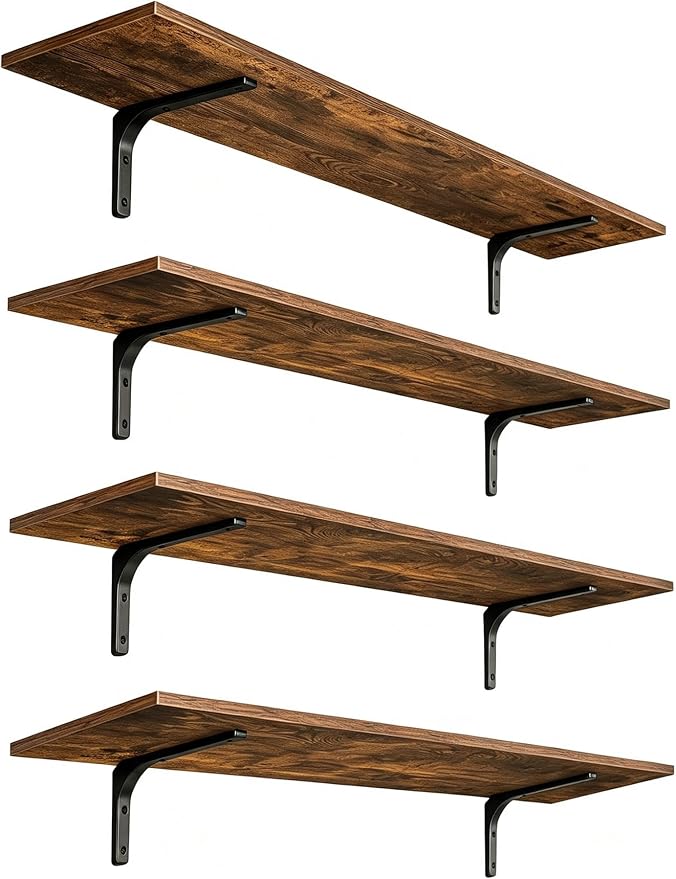 DINZI LVJ Long Wall Shelves, 47.3Inch Wall Mounted Shelves Set of 4, Extra Large Floating Storage Ledges with Sturdy Metal Brackets for Living Room, Bathroom, Bedroom, Kitchen, Rustic Brown