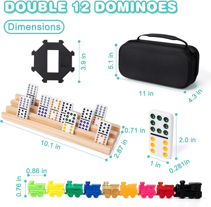 Mexican Train Dominoes Set with 4 Wooden Racks, Double 12 Dominos Game with 91 Dot Tiles, 9 Trains, Hub, Classic Family Board Game for Adults Kids, Travel,Party