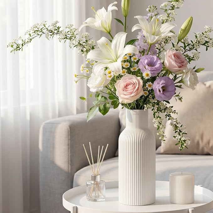 Large White Tall Ceramic Vase,Modern Matte Vertical Ribbed, Nordic Minimalist for Pampas, Dried & Fresh Flowers,Home Decor for Living Room, Coffee Table, Bookshelf, Entryway, Farmhouse