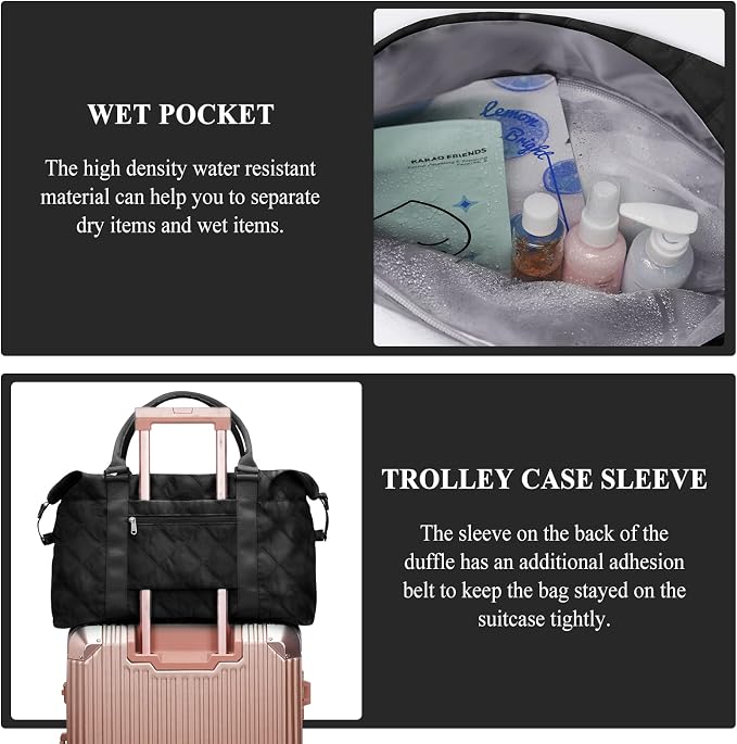 Travel Duffel Bag, Carry On Overnight Weekender Bags for Women | Travel Bag with Wet Pocket & Trolley Sleeve, For Spirit Airlines 18x14x8 Personal Item Bag