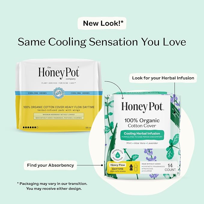 The Honey Pot Company - 56ct - Herbal Sanitary Pads for Women - Heavy Flow w/Wings - Infused w/Essential Oils for Cooling Effect & Organic Cotton Cover - Feminine Care
