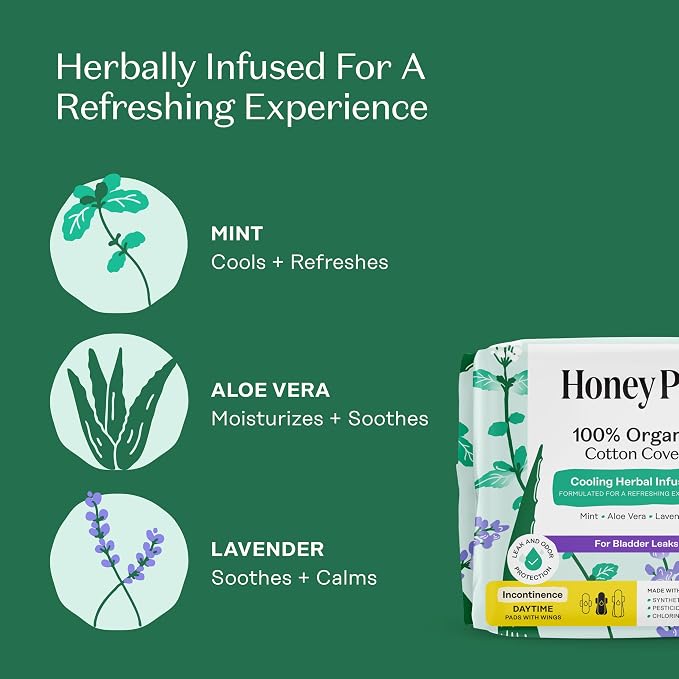 The Honey Pot Company - 64ct - Herbal Pads for Women - Organic Incontinence Daytime w/Wings. Infused w/Essential Oils for Cooling Effect & Postpartum Essentials - Feminine Care