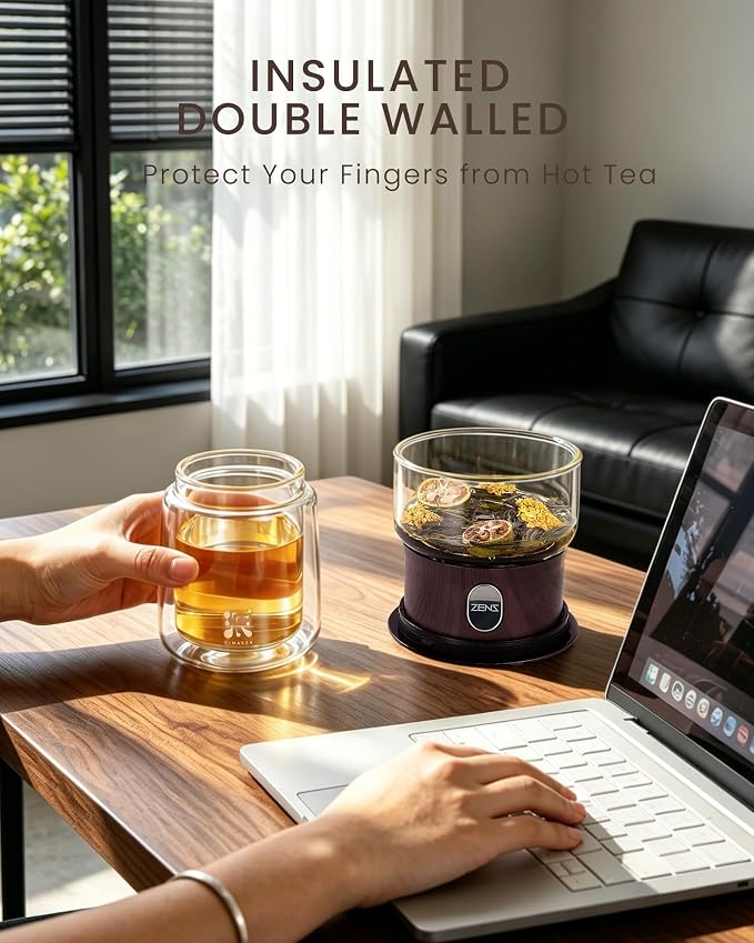 ZENS Modern Glass Tea Infuser Teapot, Smart One Touch Tea Maker for Loose Tea Diffusers with Insulated Mug and Cute Portable Walnuts Tea Kits for Tea Lover Gifts