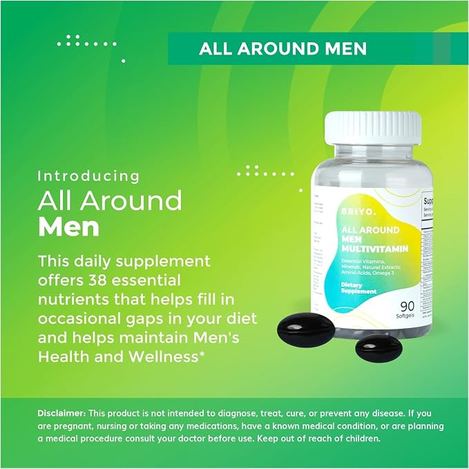 Briyo All Around Men - Multivitamin for Men with 38 Essential Vitamins, Minerals, Omega 3 and Plant Extracts – Supports Energy Immunity – Live Strong with One Daily Clean Capsule