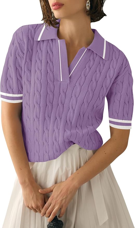 Micoson Womens Short Sleeve Sweater Tops Lapel V Neck Polo Shirts 2026 | Summer Cable Knit Loose Blouses, Business Casual Outfits