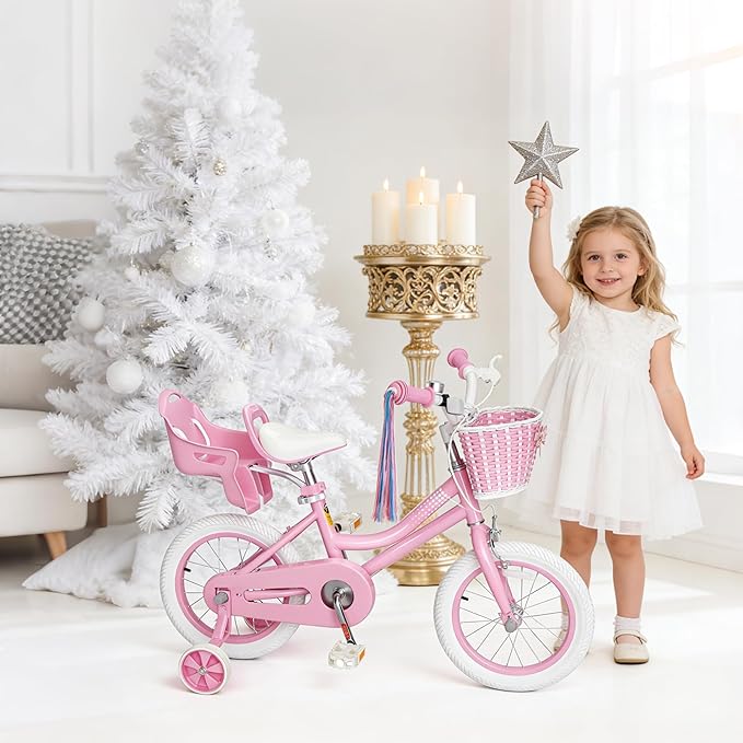KORIMEFA Girls Bike for Ages 2-8 Years Toddler Kids with Doll Seat, 12 14 16 Inch Bicycle with Training Wheels, Little Small Princess Bicycle with Basket& Streamers, Girls Pedal Bike