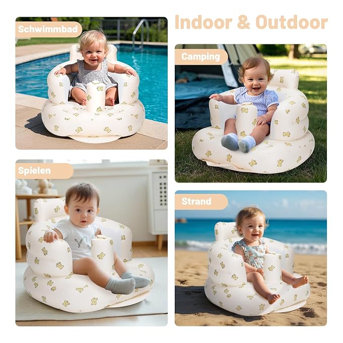 AirSwim Inflatable Baby Seat, Inflatable Baby Chair for Babies 3 Months and Up Summer Baby Inflatable Seat for Sitting Up, Blow Up Baby Floor Seat with Built in Air Pump, Bear