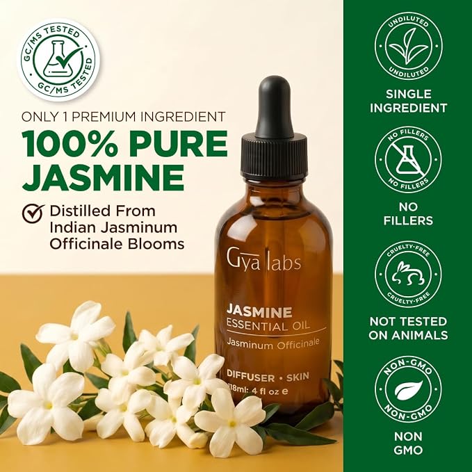 100% Pure Jasmine Essential Oil - 4 Fl Oz - Jasmine Oil for Hair, Skin, Diffuser, Aromatherapy & DIY Candle Making Scent