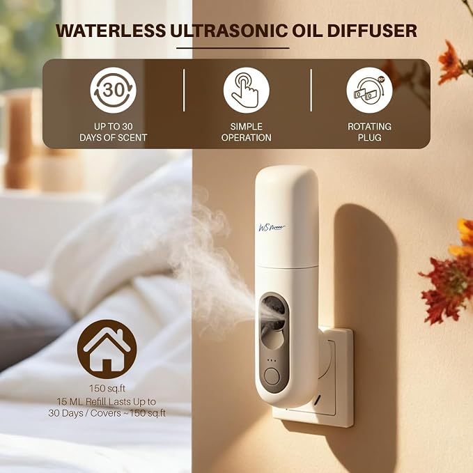 Waterless Essential Oil Diffuser, Plug-in Wall Aroma Machine with Simple Button Control for Bedroom, Bathroom & Kitchen, 25dB Ultra-Quiet, Works with Pure Aroma Oils