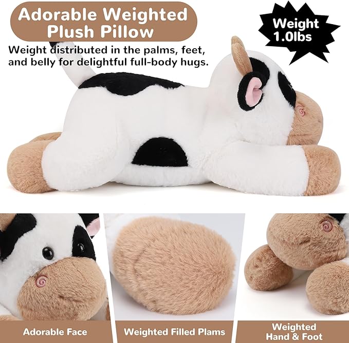 Cow Weighted Stuffed Animals - 12 Inch 1.0 Pounds Weighted Plushies Cow Stuffed Animals - Small Plush Pillow - Cute Plush Toys Gifts for Kids & Adults (12" 1.0 lbs)