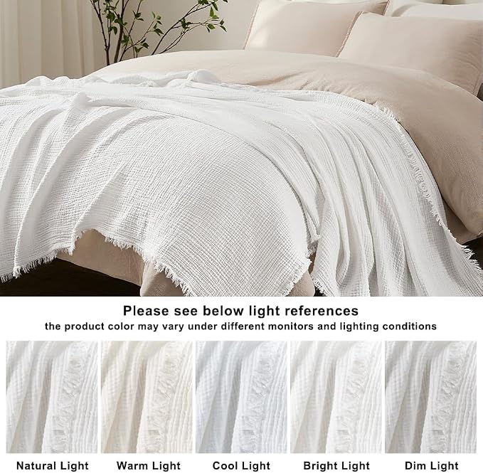 WDCOZY Muslin Blanket 100% Cotton Blankets Twin Size 4-Layer Breathable Lightweight Soft for Couch Bed Boho Farmhouse Linen Tassels Ruffle Gauze Blankets All Season for Adults 60x80 Inches White