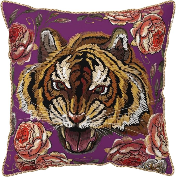 Tiger Flower Purple Velvet Pillow Covers 18x18 Inch Pink Floral Animal Throw Pillows for Couch Cushion Covers Pillowcase Farmhouse Modern Pillow Cases for Sofa Bed Living Room Bedroom