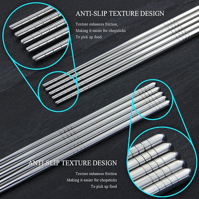 IQCWOOD 304 Stainless Steel Chopsticks, 5 Pairs, Silver | Chopsticks Lightweight, Non-Slip Tips, Reusable, Metal Korean Japanese Style Chopstick for Daily Meals, Dishwasher Safe 9.25"